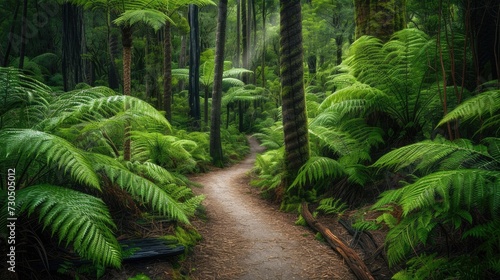Gorgeous trail through lush rainforest in Tasmania's Peninsula. photo