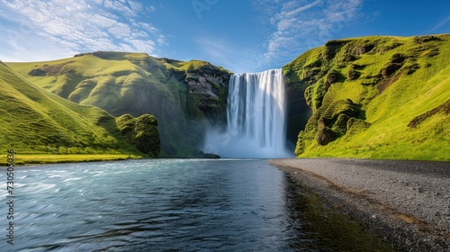 Stunning summer landscape in Iceland s countryside showcasing the magnificent Skogafoss Waterfall.