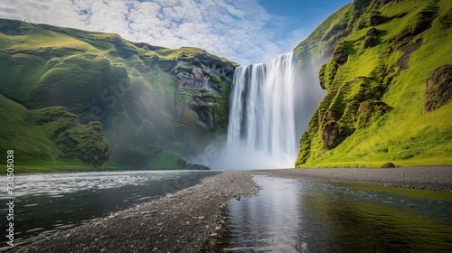 Stunning summer landscape in Iceland's countryside showcasing the magnificent Skogafoss Waterfall.