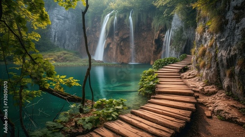 Scenic wooden trail in Plitvice Lakes National Park, perfect for trekking amid lakes, waterfalls, and stunning natural landscapes. © OLGA
