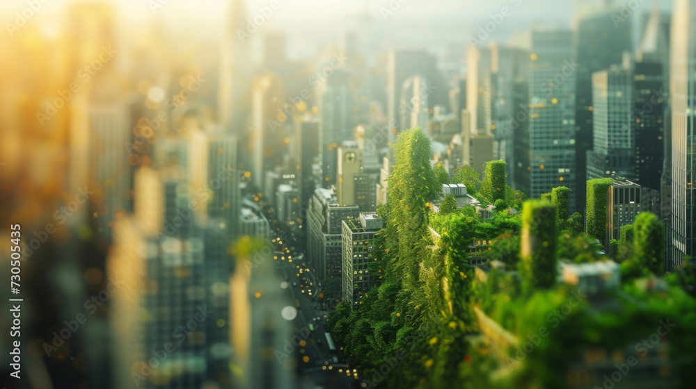 A concrete jungle that has been reclaimed by nature with winding vines and verdant foliage intertwining with the busy streets and towering buildings to create an otherworldly