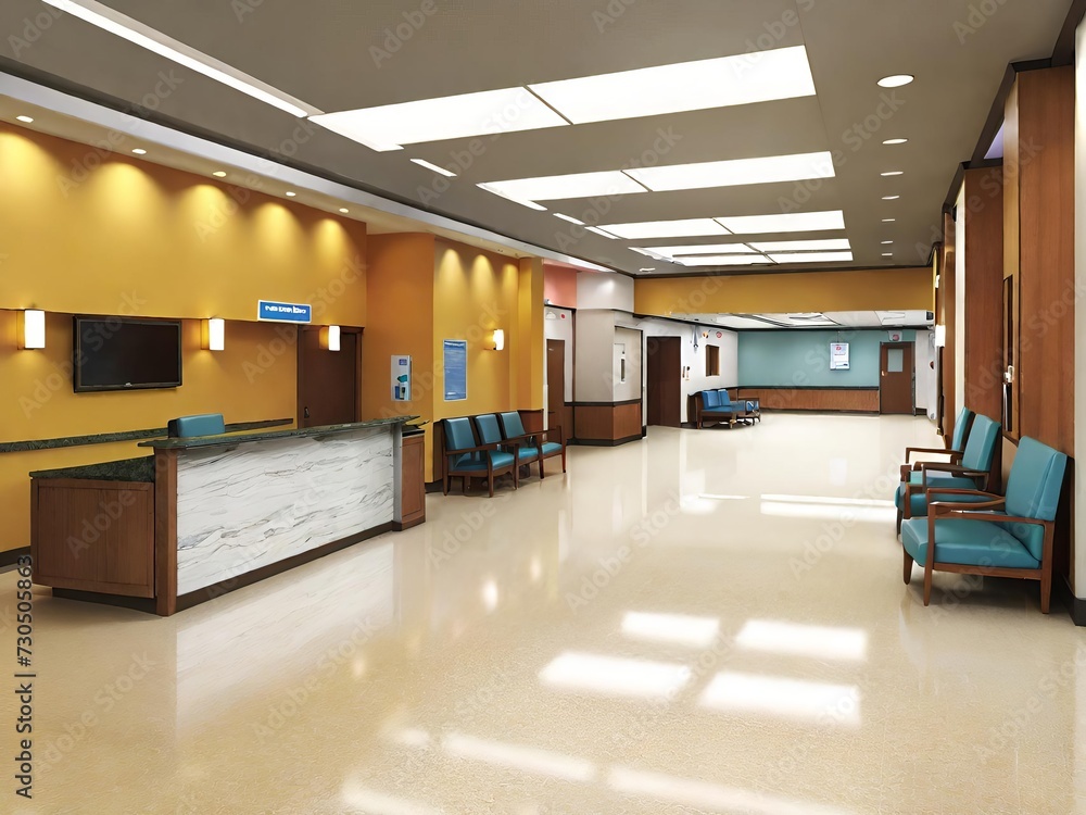 Modern hospital hallway. It features a reception desk, comfortable seating, informational boards, and polished floors that reflect the warm ambiance. Generative AI.