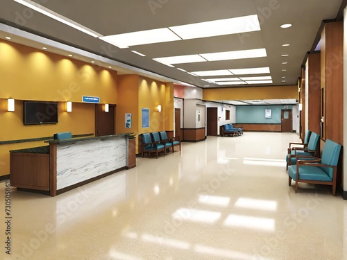 Modern hospital hallway. It features a reception desk, comfortable seating, informational boards, and polished floors that reflect the warm ambiance. Generative AI.