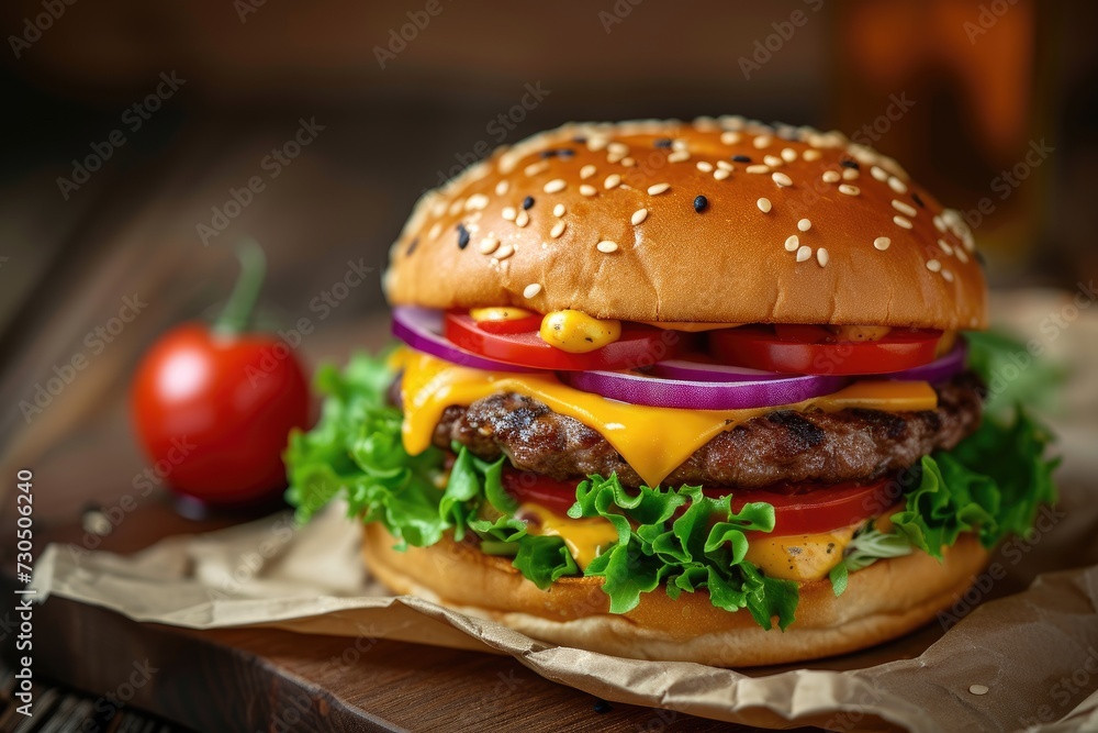 Cheeseburger with cheddar on wooden surface Cheeseburger with cheddar on wooden surface
