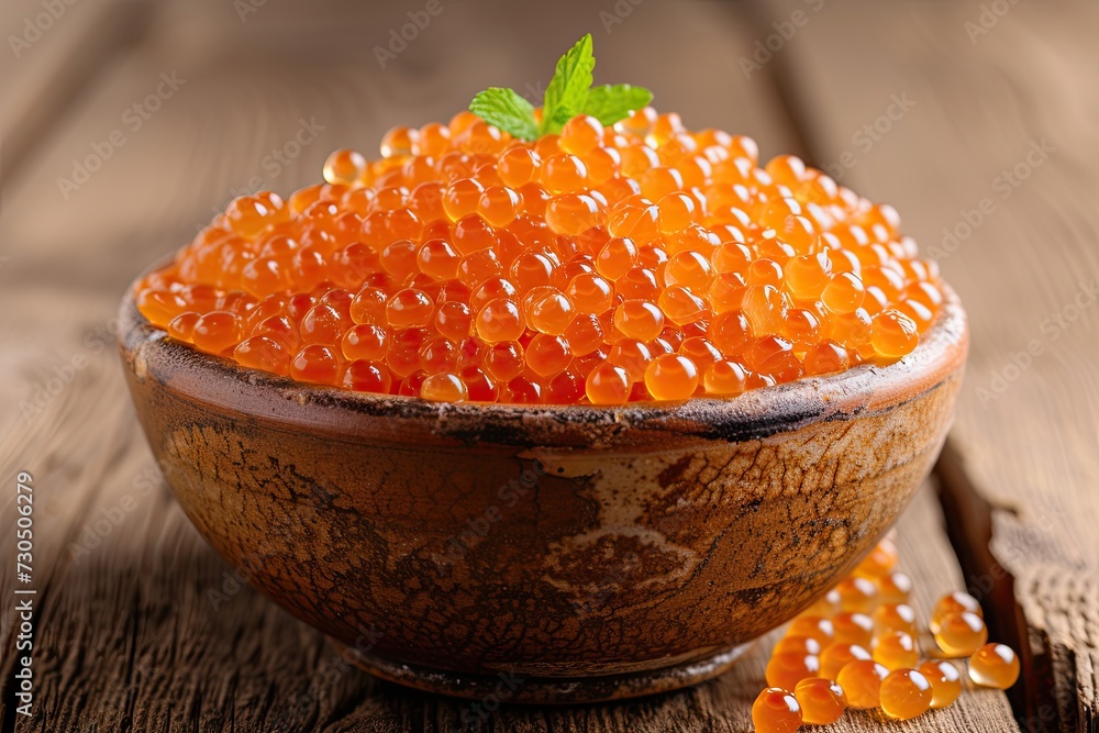 Wooden background with pike caviar in bowl Wooden background with pike caviar in bowl