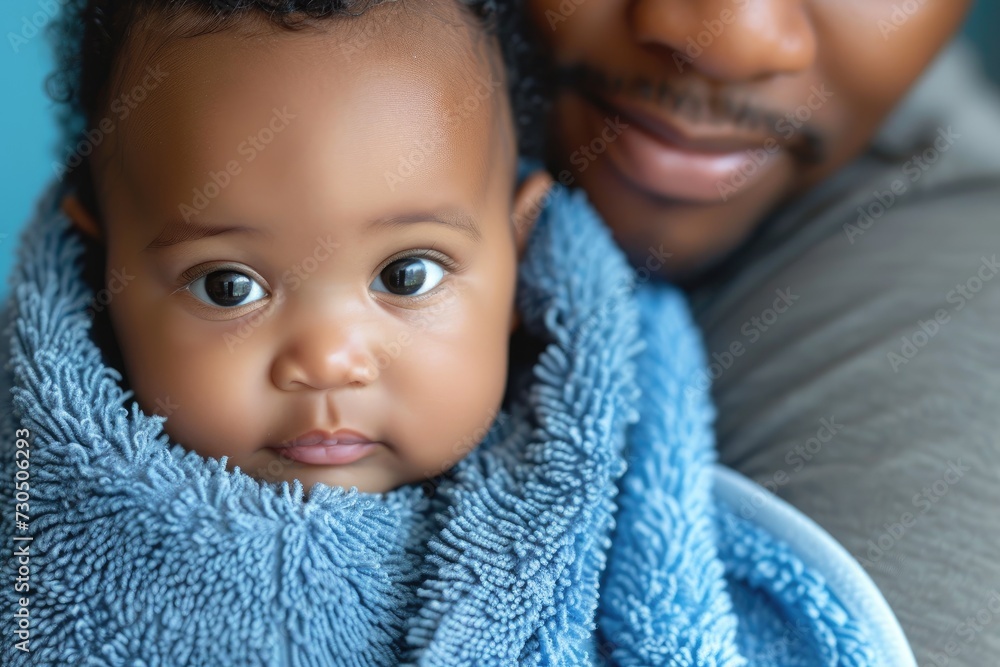 A cute black baby wrapped in a blue towel relaxing in their father s arms after a bath The adorable African American toddler looks at the camera enjoying their f A cute black baby wrapped in a blue towel relaxing in their father s arms after a bath The adorable African American toddler looks at the camera enjoying their f