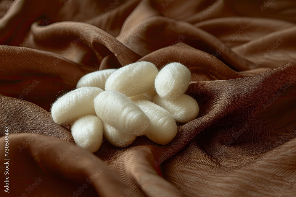 White silkworm cocoons on brown silk fabric backdrop White silkworm cocoons on brown silk fabric backdrop