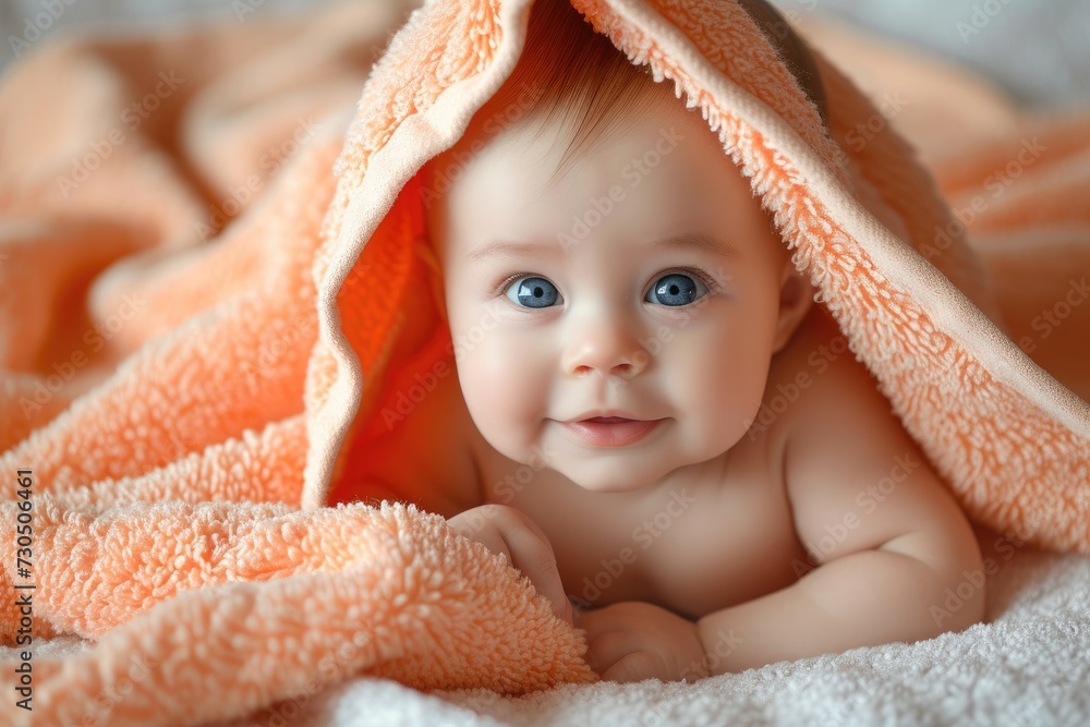 Adorable baby wrapped in a towel after a bath Adorable baby wrapped in a towel after a bath