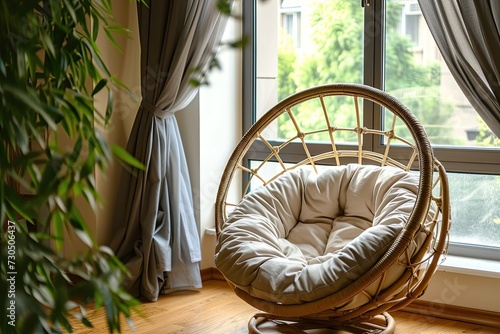 Cozy papasan chair by window with chic curtains in living room Interior décor photo