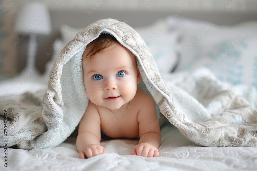 Infant drying off after bath in bed at home Infant drying off after bath in bed at home