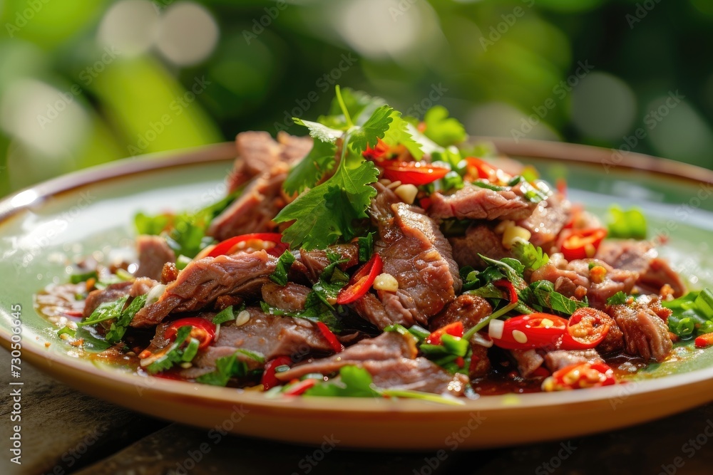 Thai style spicy beef salad with selective focus and blurred background Thai style spicy beef salad with selective focus and blurred background