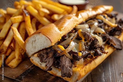Philly cheesesteak with steak cheese onions on a hoagie roll with fries on a board