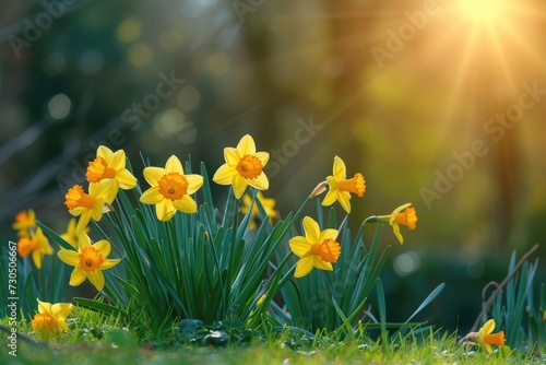 Sunlit springtime daffodils radiant in yellow photo