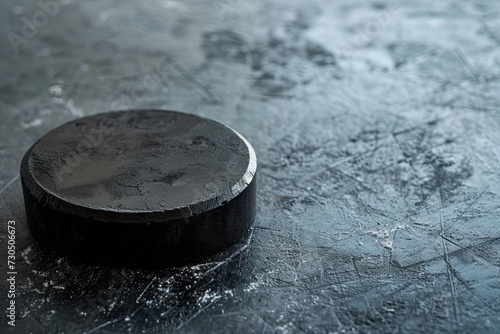 Closeup of black rubber puck on icy background with text space photo