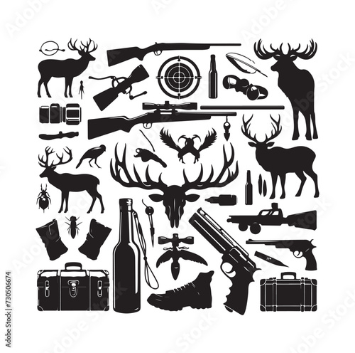 The hunting elements collection silhouette black isolated on a white background