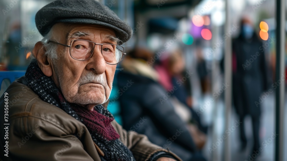 Aging Society Old man warm clothing with glasses sitting at a bus stop waits for the bus Aging Society Old man warm clothing with glasses sitting at a bus stop waits for the bus