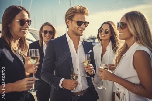 Group of professionals enjoying a yacht party with champagne