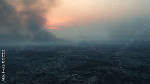 Global Warming wildfires climate change under a smoke fill sky at sunset