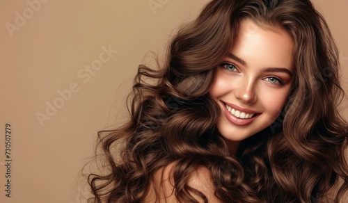 Gorgeous woman with stunning curly hair a model with a beautiful smile showcasing a wavy hairstyle Cosmetology beauty products and makeup