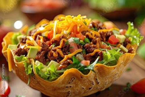 Beef cheese and lettuce inside a tortilla bowl for a taco salad photo