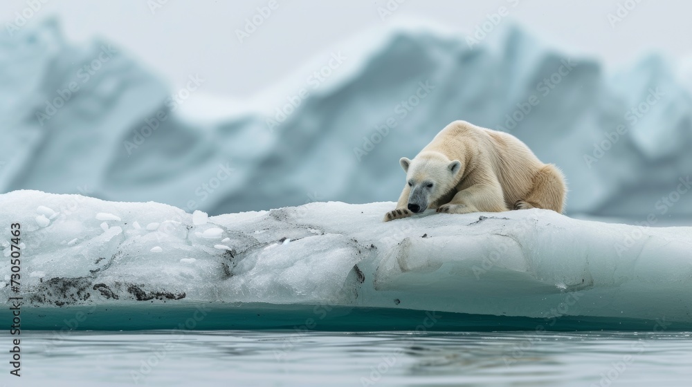 Global Warming a polar bear resting on a floating ice patch in the ...