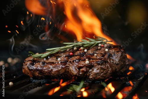 Flaming grill cooking beef steak