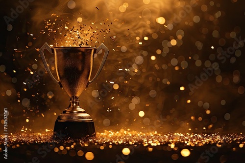 Gold trophy over dark smoky background with glitter lights subtly highlighting the sports concept