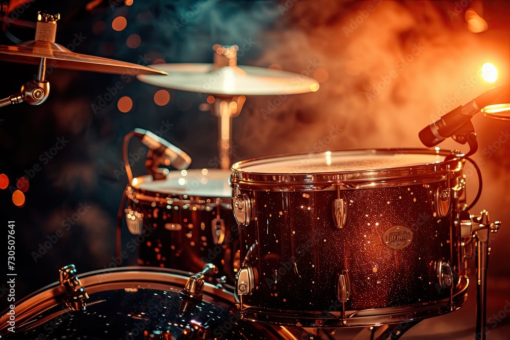 Naklejka premium Close up of a drum kit with a stunning backlight and space for text