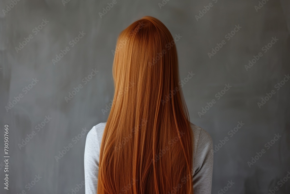 A red haired girl with long straight hair seen from behind against a gray background A red haired girl with long straight hair seen from behind against a gray background