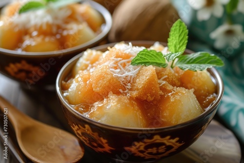 Delightful home creation Coconut Ginger Pudding with Gula Melaka Enjoy as a refreshing chilled treat paired with palm sugar or ginger syrup Ideal for both pre photo