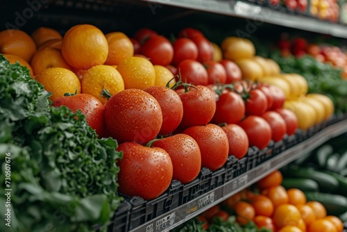 Fresh vegetables on display at a grocery store, focus on tomatoes
