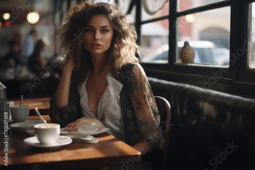 Pensive woman in a cozy diner enjoying her morning coffee