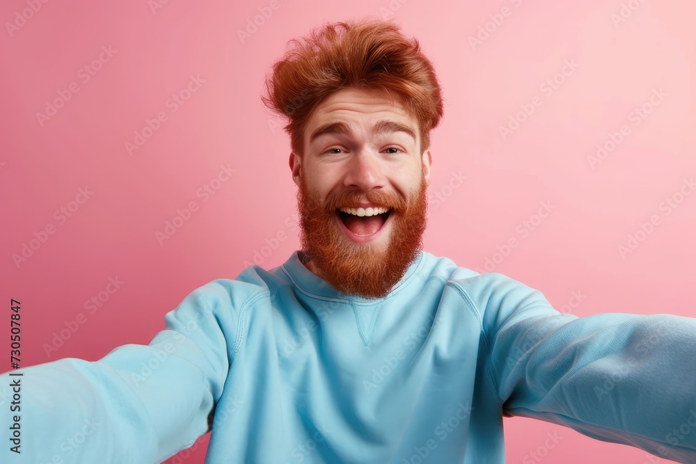 Obraz premium Ecstatic ginger bearded guy in blue sweatshirt takes selfie isolated on pink background