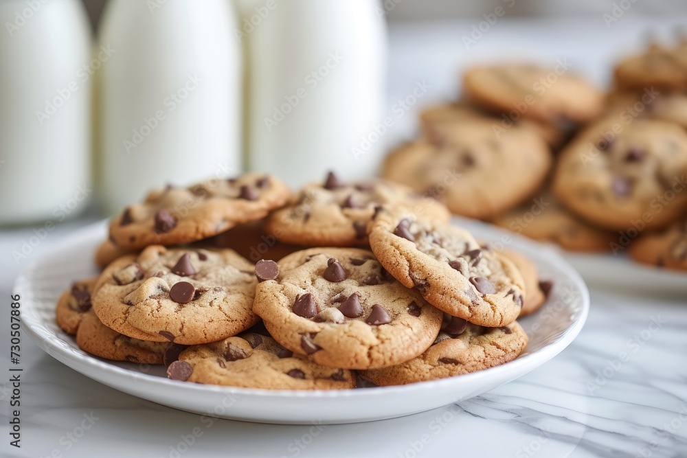 Delicious chocolate chip cookies and milk bottles on a white plate