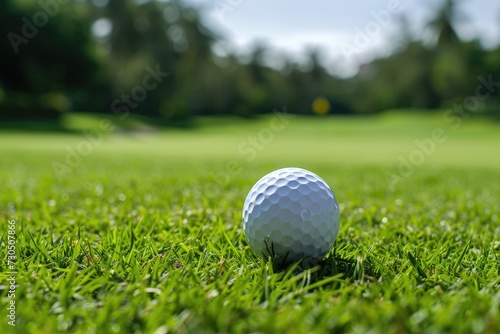 Golf ball on tee against fairway backdrop
