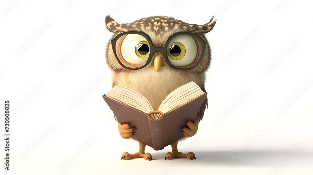 Cute owl with book cartoon illustration on white background --ar 16:9 --v 6