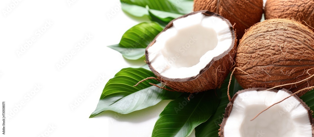 Fresh ripe coconuts with leaves isolated on white background. AI generated image Fresh ripe coconuts with leaves isolated on white background. AI generated image