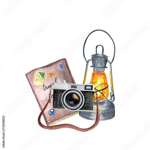 Watercolor vintage camera diary and lantern composition isolated on white.