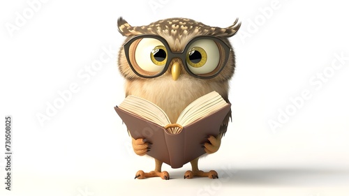 Cute owl with book cartoon illustration on white background --ar 16 9 --v 6