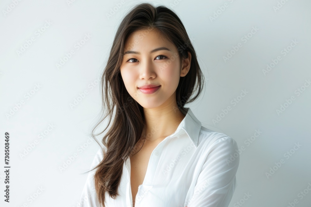 Confident young Asian female entrepreneur in professional office attire happily poses on a white background Confident young Asian female entrepreneur in professional office attire happily poses on a white background