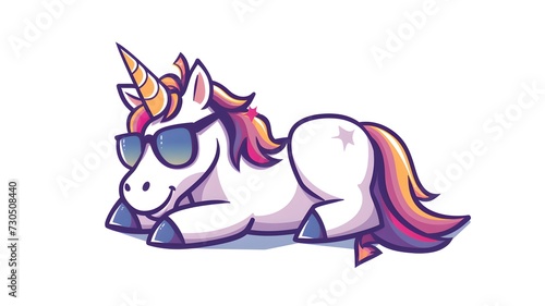 Cute unicorn relaxing wearing glasses cartoon vector icon illustration. animal holiday icon concept isolated premium on white background --ar 16:9 --v 6