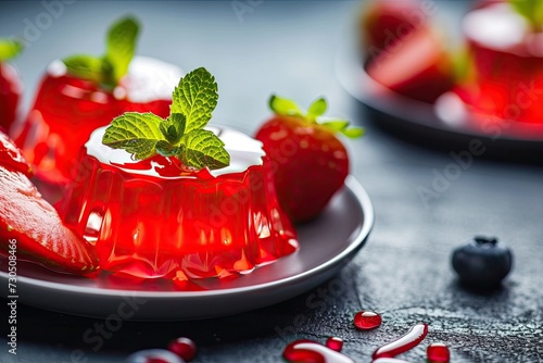 Selective focus on a delightful red strawberry jelly dessert sweetened and flavored photo