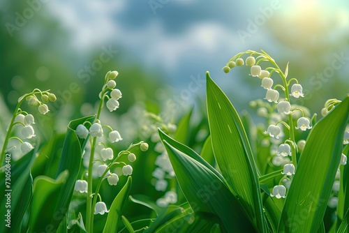 May Day web banner with a close up of lily of the valley flower against a green panoramic background
