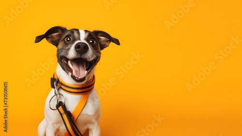 Dog sitting concept with happy active dog holding pet leash in mouth ready to go for walk on orange background --ar 16:9