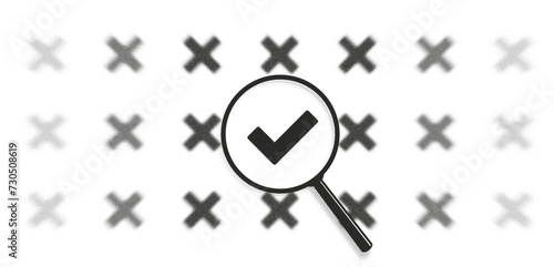 Honesty difference, justice , truth among lies concept. Success check mark, fact, yes no icon. Magnifying glass zoom. Focus lens, transparent blur, morphism effect. Grain, dot halftone, noise texture.