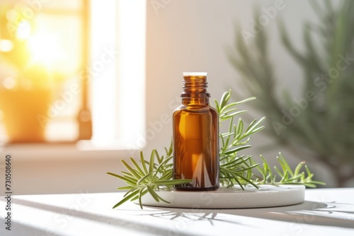 Amber essential oil bottle mockup with rosemary on white table