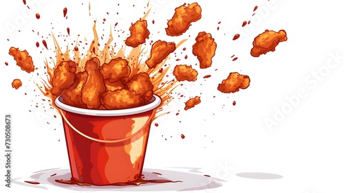 Flying fried chicken with bucket cartoon on white background