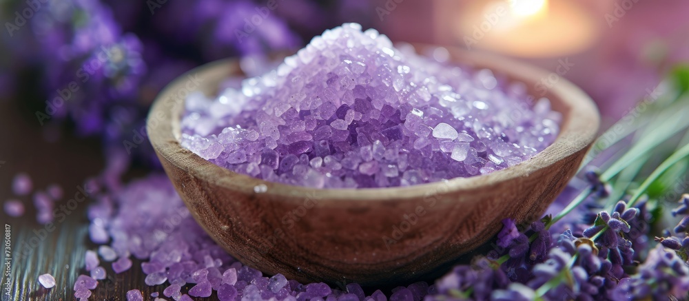 Selective focus on lavender-scented sea salt at the spa. Selective focus on lavender-scented sea salt at the spa.