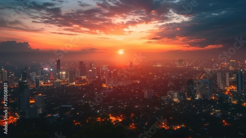 Dramatic cityscape of city at sunset with night lights .