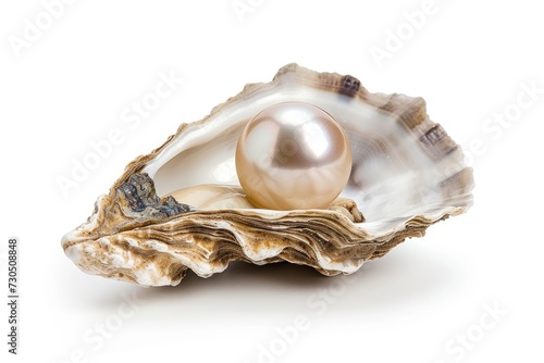 Isolated white background big pearl in oyster shell